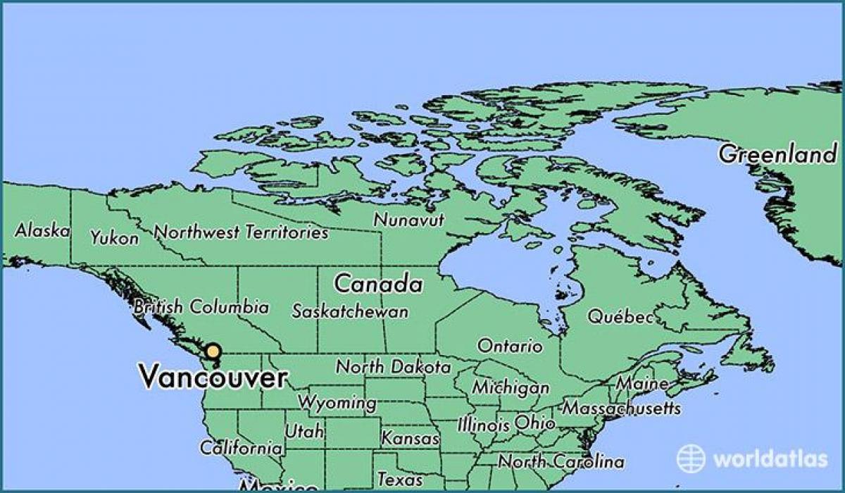 карта Канады паказвае Ванкувер