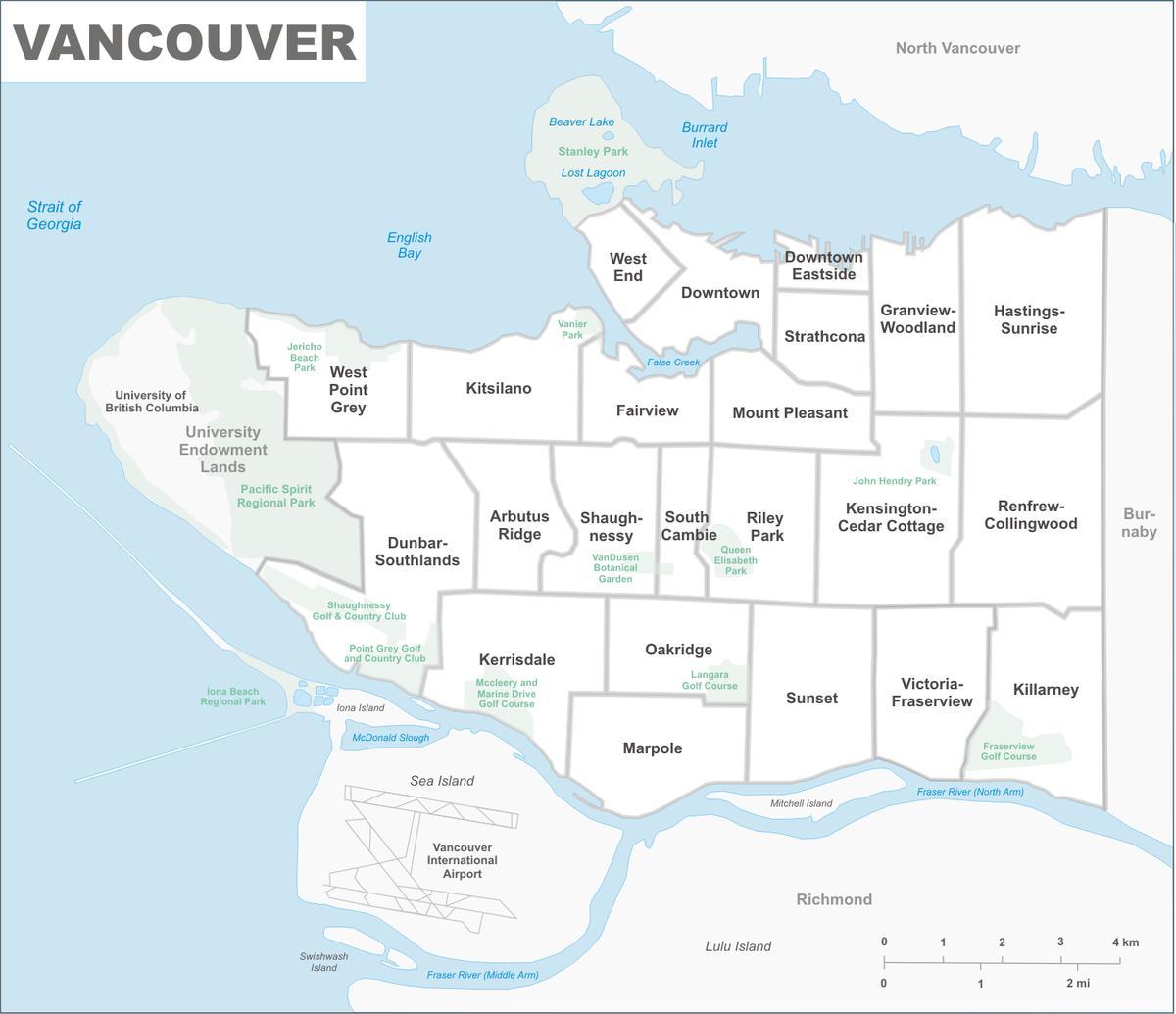 Карта Ванкувера раёнаў